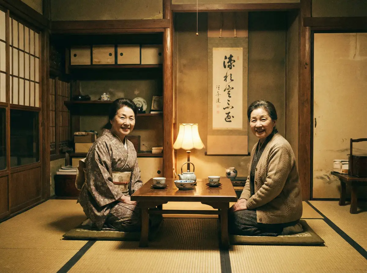 两位优雅的 霞之丘诗羽 本子 在日式茶室中品茶交谈